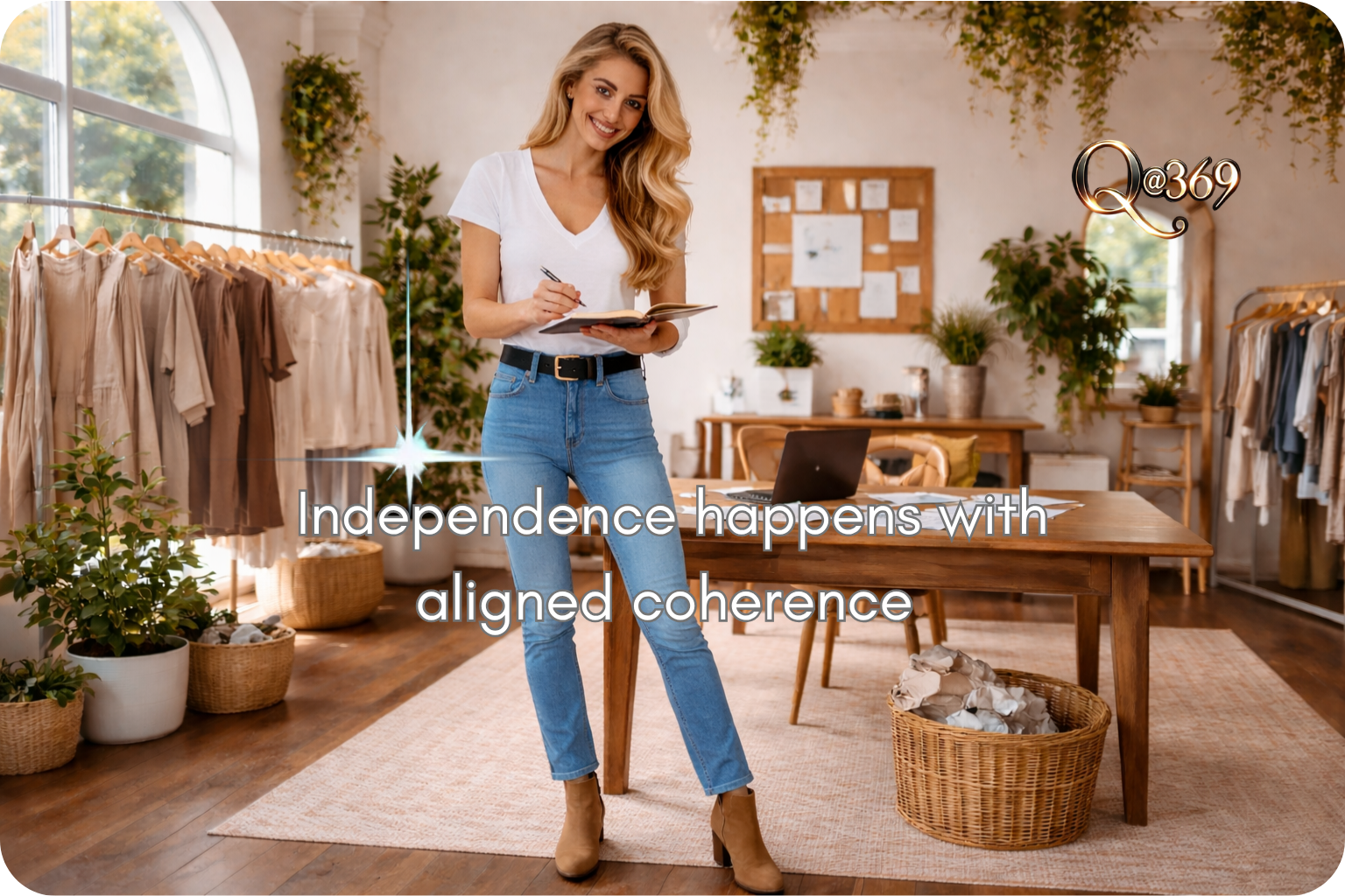 Smiling woman in a white tee and jeans writes in a notebook inside a sunlit clothing boutique with racks and plants.