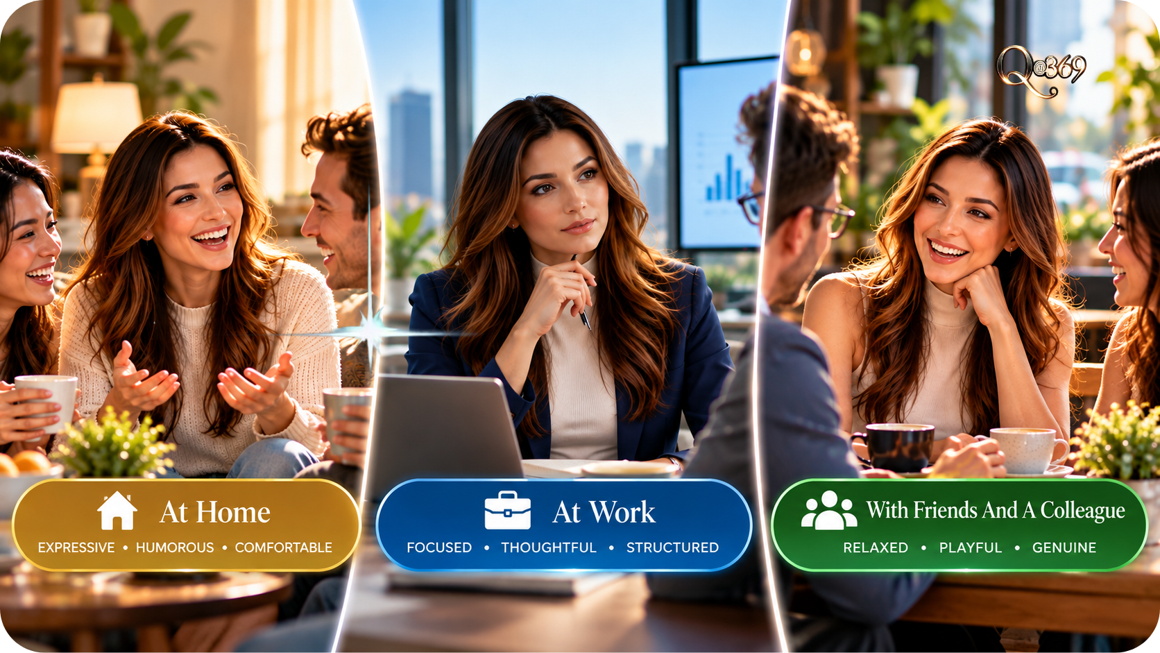 Different People A - Quantum Alchemist 369™ Split image shows three scenarios: At Home, At Work, and With Friends And A Colleague with people chatting and coffee cups nearby.